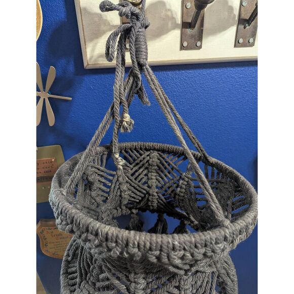 Vintage Boho Macramé Hanging Lamp Shade – Gray Woven Cord, Tassels, 12” – Retro - Picture 2 of 14